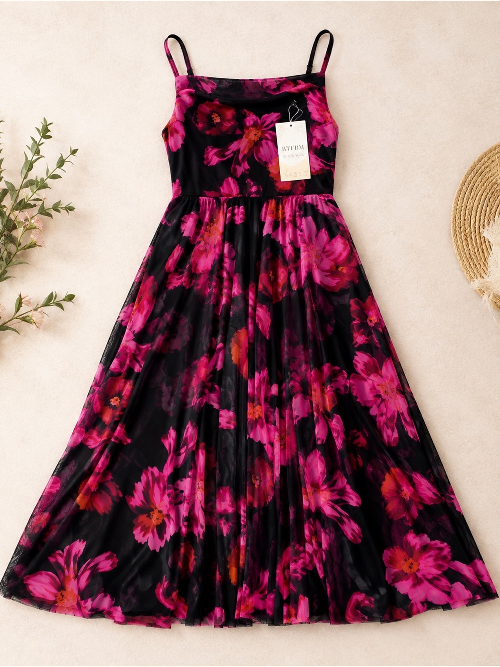 BTFBM Black Pink Floral Mesh Maxi Dress Spaghetti Strap NWT